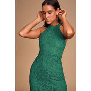Lulus Lucky In Lace Forest Green Lace Halter Bodycon Midi Dress - Size L